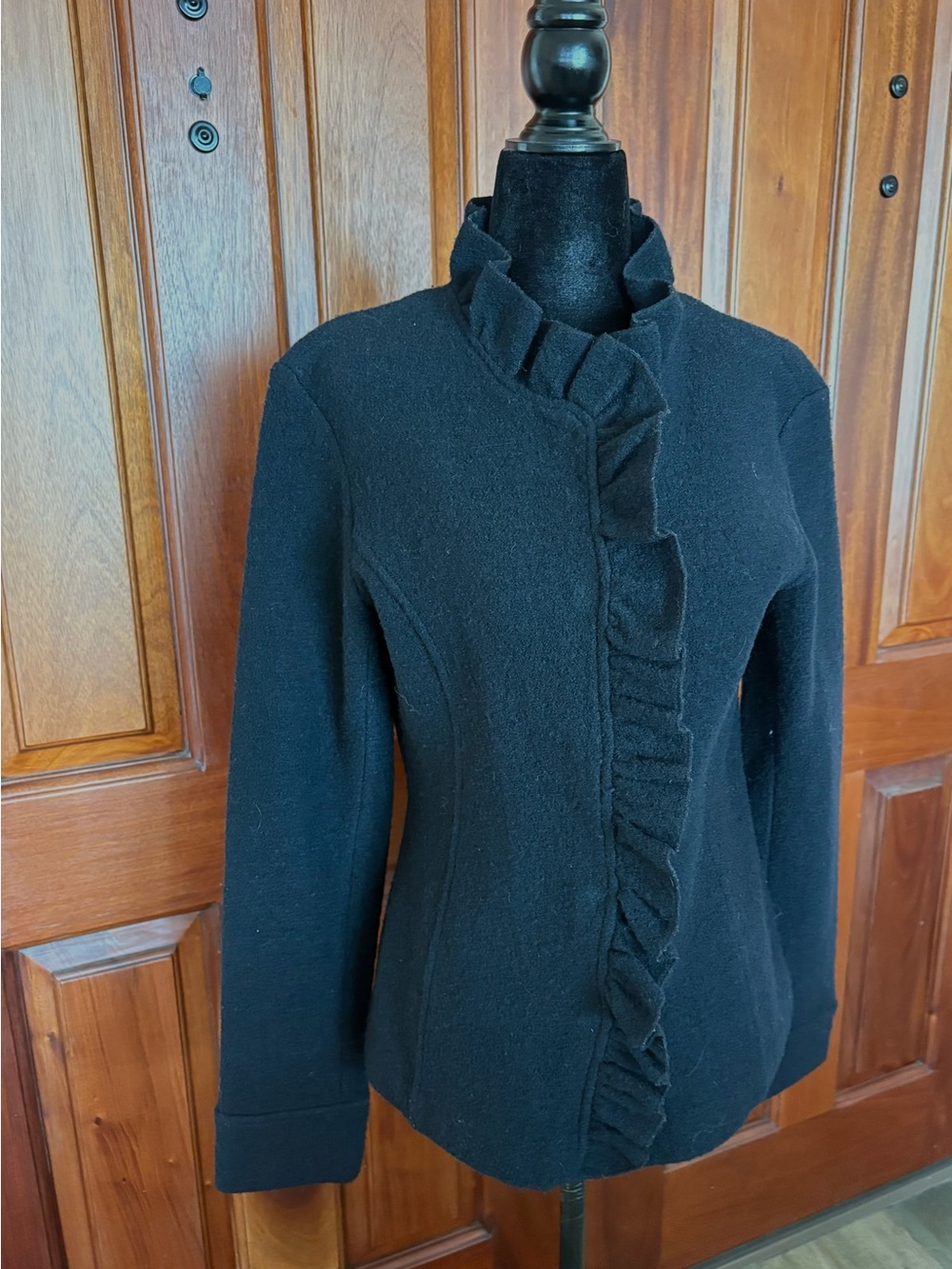 Saks Fifth Avenue Ruffle Front Boiled Wool Jacket Womens Medium Black Cardigan